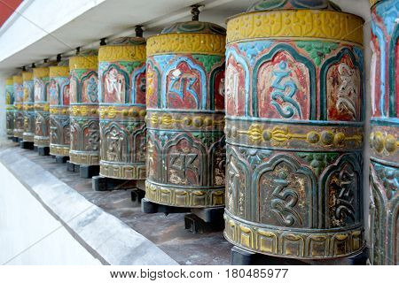 Colorful Tibetian Prayer Wheels In  Swayambhunath Temple, Kathmandu, Nepal