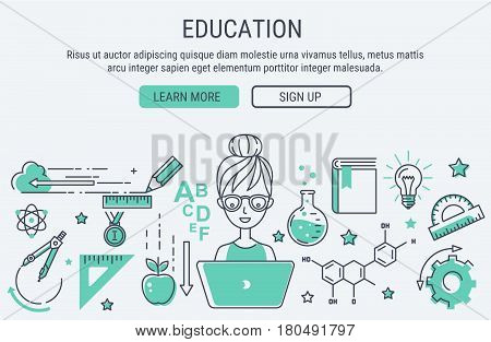 Education and learning. Line art modern vector illustration. Website header banner elements layout. Presentation flyer and poster.