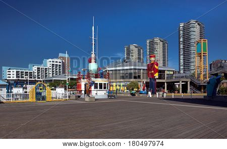 Residental district, Promenade  quay, hotel and Shopping plaza on the  riverfront of Fraser River  in New Westminster city