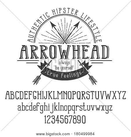 Hipster retro logo with crossed arrows and ribbon. And also the alphabet. Vector illustration.