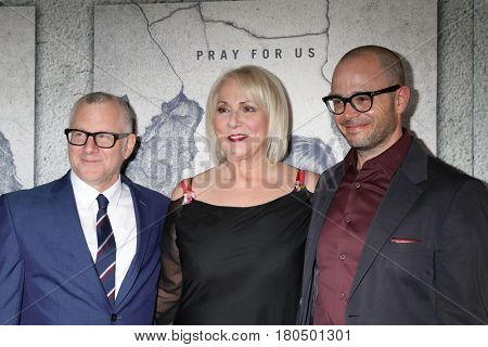 LOS ANGELES - APR 4:  Tom Perotta, Mimi Leder, Damon Lindelof at the Premiere Of HBO's 
