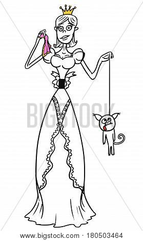 Cartoon vector fantasy medieval princess female with crowndog and lace handkerchief