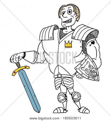 Cartoon vector old fantasy medieval royal Prince Charming knight hero with armor sword shield and smile