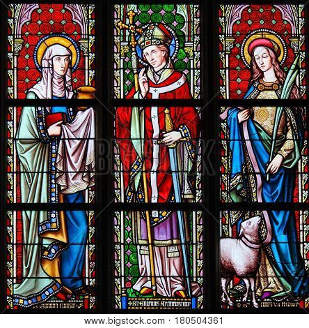 Stained Glass In Sablon Church - Saints Joanna, Eugene And Agnes