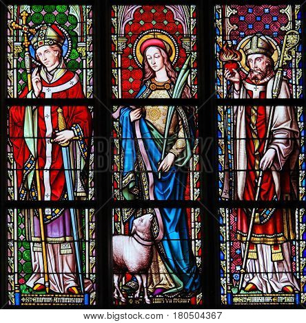 Stained Glass In Sablon Church - Saints Eugene, Agnes And Augustine