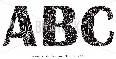 Set of silhouettes freehand drawing capital letters with floral doodle pattern. Abc. Vector element for your design