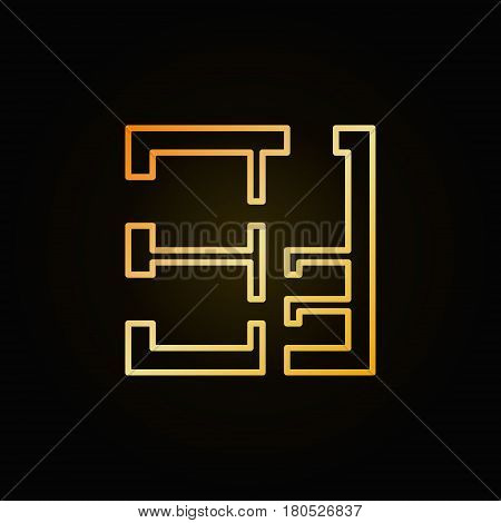 Square apartment or house plan vector golden bright icon or symbol in thin line style on dark background