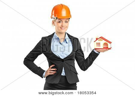 白い背景で隔離モデル家笑顔金髪 forewoman