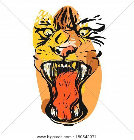 Hand drawn vector abstract graphic drawing of anger tiger face in orange colors isolated on white background.Hand made exotic collage illustration.Wild soul concept.Tigers head isolated.Logosign