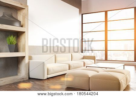 Side view of a living room interior with a gray sofa a horizontal poster hanging above it and a bookcase in the corner. Wooden floor. 3d rendering mock up toned image