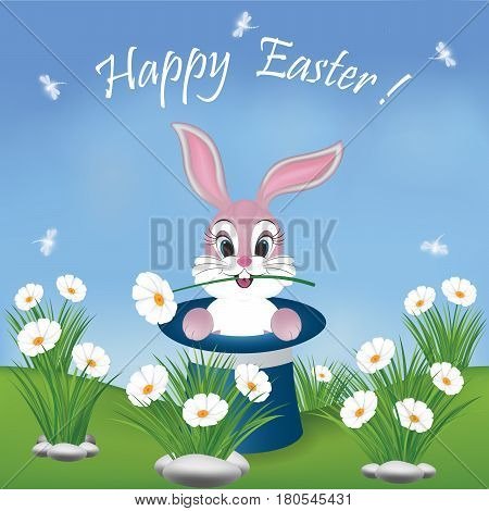 Happy Easter card with a cute pink bunny in the magician hat. Spring background with sweet white flowers and grass on the field. Dragonflies on the blue sky.