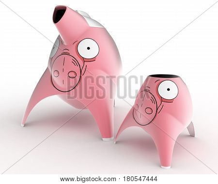 Tea and coffee children's service designed in the form of cartoon characters stylized for different animals. Design concept art object. 3D illustration.