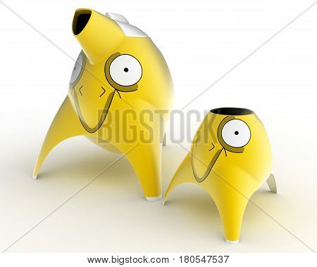 Tea and coffee children's service designed in the form of cartoon characters stylized for different animals. Design concept art object. 3D illustration.