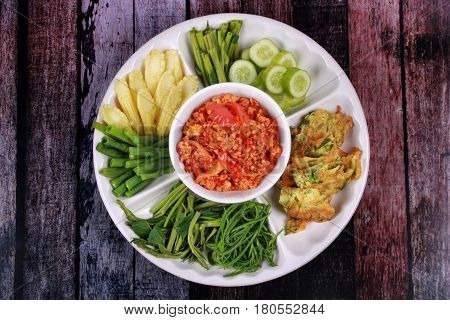 Spicy Meat And Tomato Dip Call Nam Prik Ong.