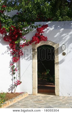 Casa de piedra de lavado blanco con la entrada de la puerta del arco y buganvillas creciendo por la pared.