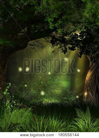 3D rendering of a magical firefly gathering in the woods.