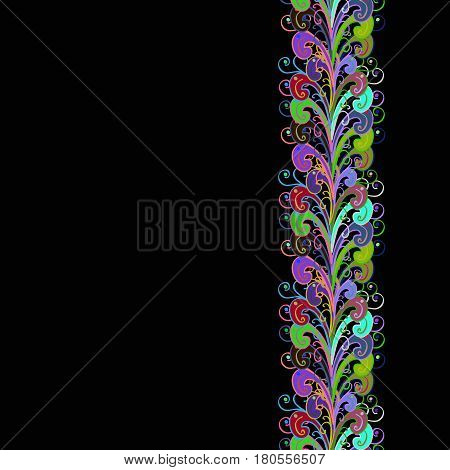 Multicolored Painting With Abstract Flowers Leaves And Buds. Vector Seamless Pattern On Black Backgr