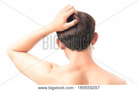 Closeup man hand itchy scalp Hair care concept