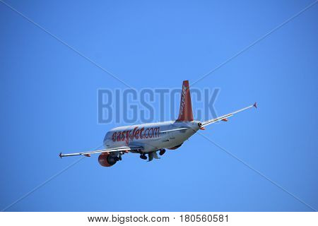 Amsterdam the Netherlands - April 2nd 2017: G-EZUM easyJet Airbus A320-200 takeoff from Polderbaan runway Amsterdam Airport Schiphol