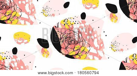 Hand made vector abstract textured trendy creative universal collage seamless pattern with floral peony motif isolated on white background with different textures and shapes.Modern graphic design.
