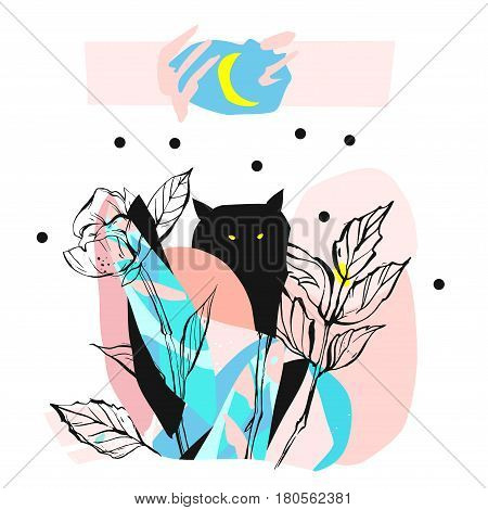 Hand drawn vector abstract artistic creative artwork illustration with black cute monster in night fairy forest in bright blue and pastel colors isolated on white background.Wild soul concept art.