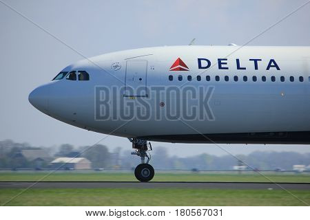 Amsterdam the Netherlands - April 2nd 2017: N803NW Delta Air Lines Airbus A330 takeoff from Polderbaan runway Amsterdam Airport Schiphol