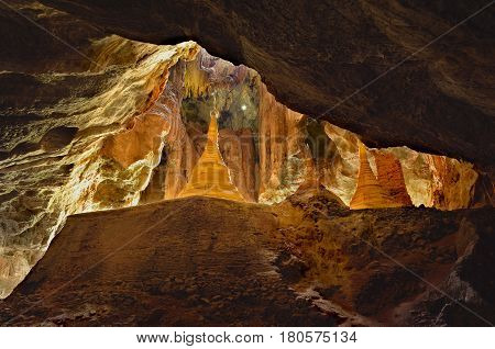 Beautiful Golden Stupa Inside Sacred Yathaypyan Cave In Hpa-an, Myanmar (burma).