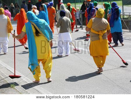 Vicenza, Vi, Italy - April 8, 2017: Procession Of Sikh Women During The Nagar Kirtan Festival