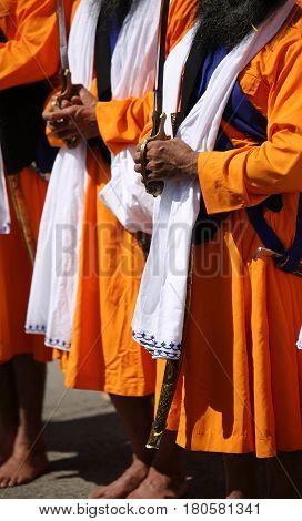 Vicenza, Vi, Italy - April 8, 2017:hand Of The Elderly Sikh Man With Ceremonial Scimitar