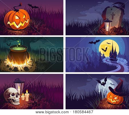 Halloween Banners with the characters on the background. Night autumn landscape