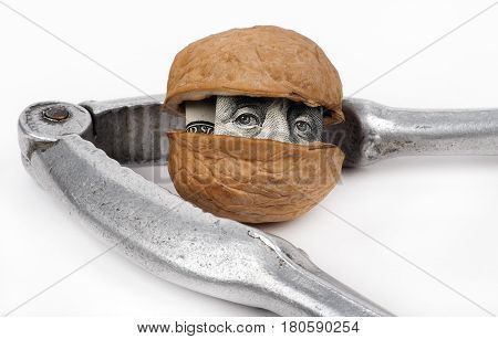 a nutcracker and one hundred dollars inside a walnut, white isolated closeup