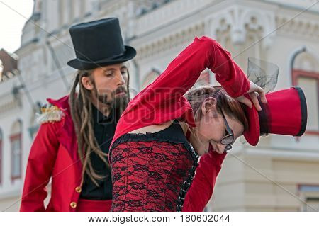 TIMISOARA ROMANIA - MARCH 31 2017: Actors dressed in period costumes and present on the street inside the CheckART Carnival organized by the City Hall Timisoara.
