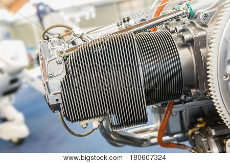 Detail view on the Piece of equipment of the aircraft engine closeup a aircraft engine detail