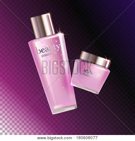 Beauty cosmetic product pink rose cream ads, package or liquid. 3D vector illustration on dark transparent background isolated. stock vector.