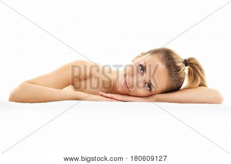 Woman face portrait isolated on white with healthy skin
