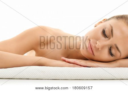 Woman face portrait isolated on white with healthy skin