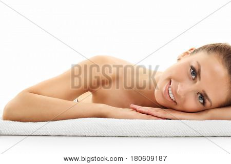 Woman face portrait isolated on white with healthy skin
