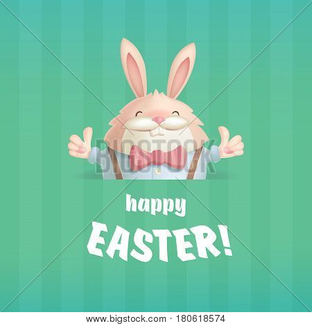 Happy Easter greeting card with a hare on a green background which expresses their appreciation through smiles and gesture thumbs up.