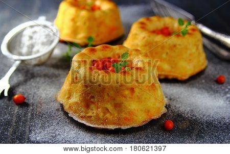 cheese - sea buckthorn pudding with mint and powdered sugar