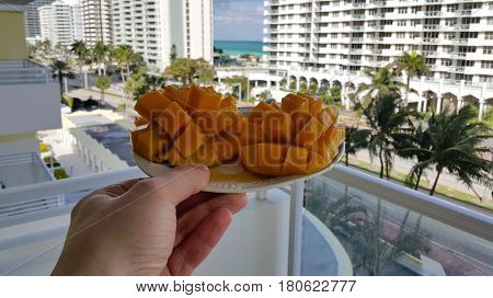 Mango breakfast on the plate with the balcony oceanview