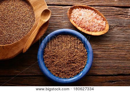 Sesame seeds gomasio seasoning ingredients with Himalayas salt