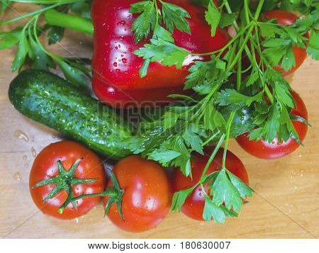 The fresh healthy vegetables and herbs on the table