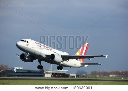 Amsterdam the Netherlands - April 7th 2017: D-AKNO Germanwings Airbus A319 takeoff from Polderbaan runway Amsterdam Airport Schiphol