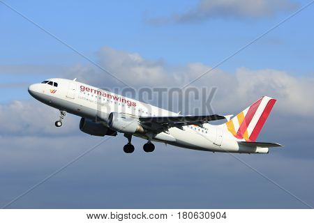 Amsterdam the Netherlands - April 7th 2017: D-AKNO Germanwings Airbus A319 takeoff from Polderbaan runway Amsterdam Airport Schiphol
