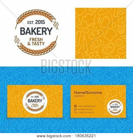 Bakery set with baking pattern, card and logo consisting of two spica, sign fresh and tasty for identity baking firm, loaf store, food market, coffee shop, cafe, bread house. Vector Illustration
