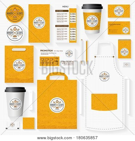 Bakery and cafe corporate identity template set with logo of croissant, cup and spoons for bread house, cupcake firm, food market, cafe, loaf store. Set of card, flyer, menu, package, uniform.