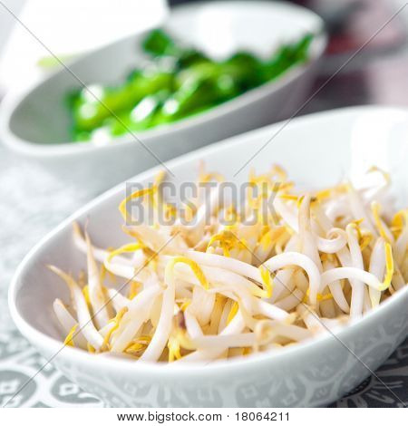 Ciotole di germogli di fagioli freschi e bambino al vapore bokchoi, un vegetale orientale.