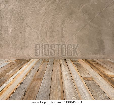 Cement wall and wooden floor background and texture.