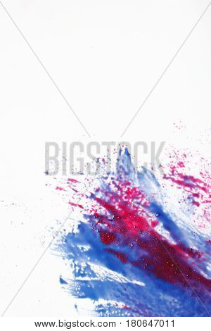 Abstract modern art, creativity, color mix painting. Abstractionism, blue and red splashes mix on white background.