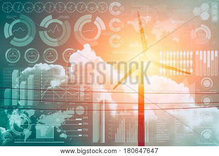 future of power and technology wind turbine with business information mix media overlay